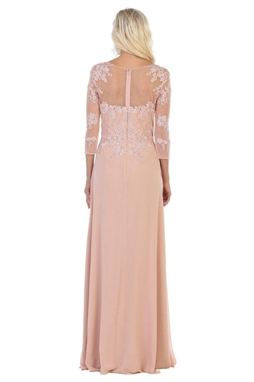 Illusion Quarter Sleeve Appliqued Sheath Gown