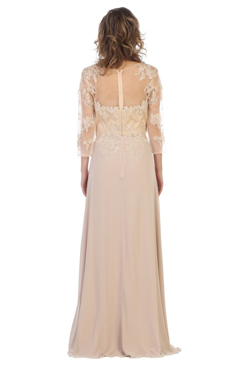 Illusion Quarter Sleeve Appliqued Sheath Gown
