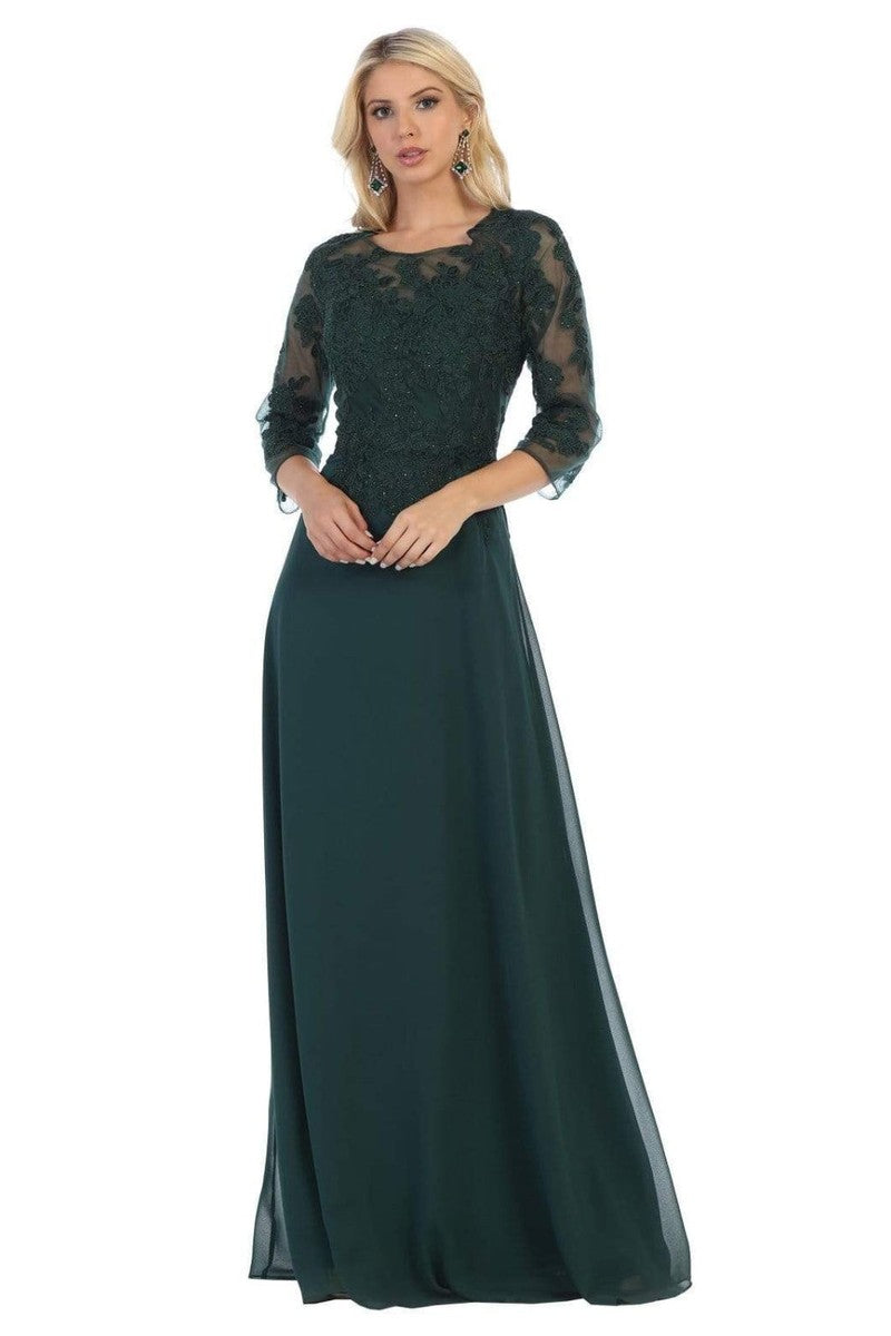 Illusion Quarter Sleeve Appliqued Sheath Gown