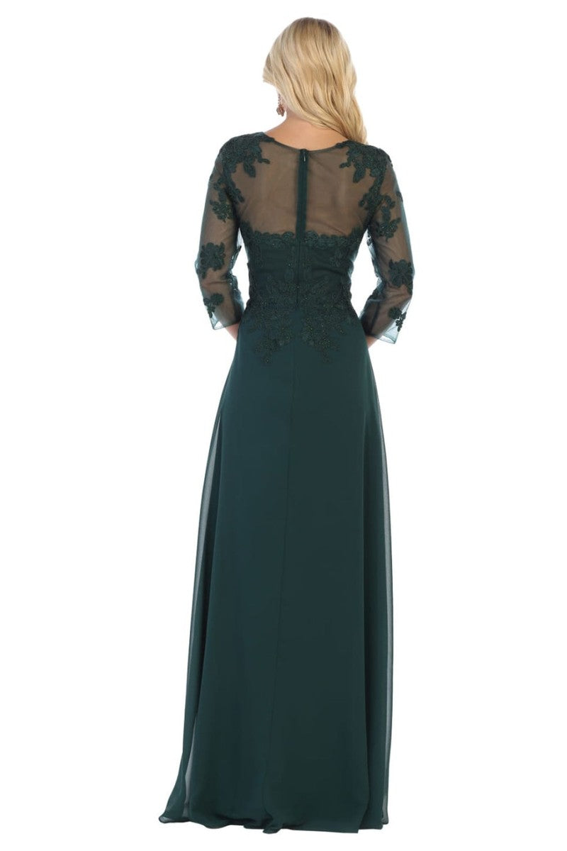 Illusion Quarter Sleeve Appliqued Sheath Gown