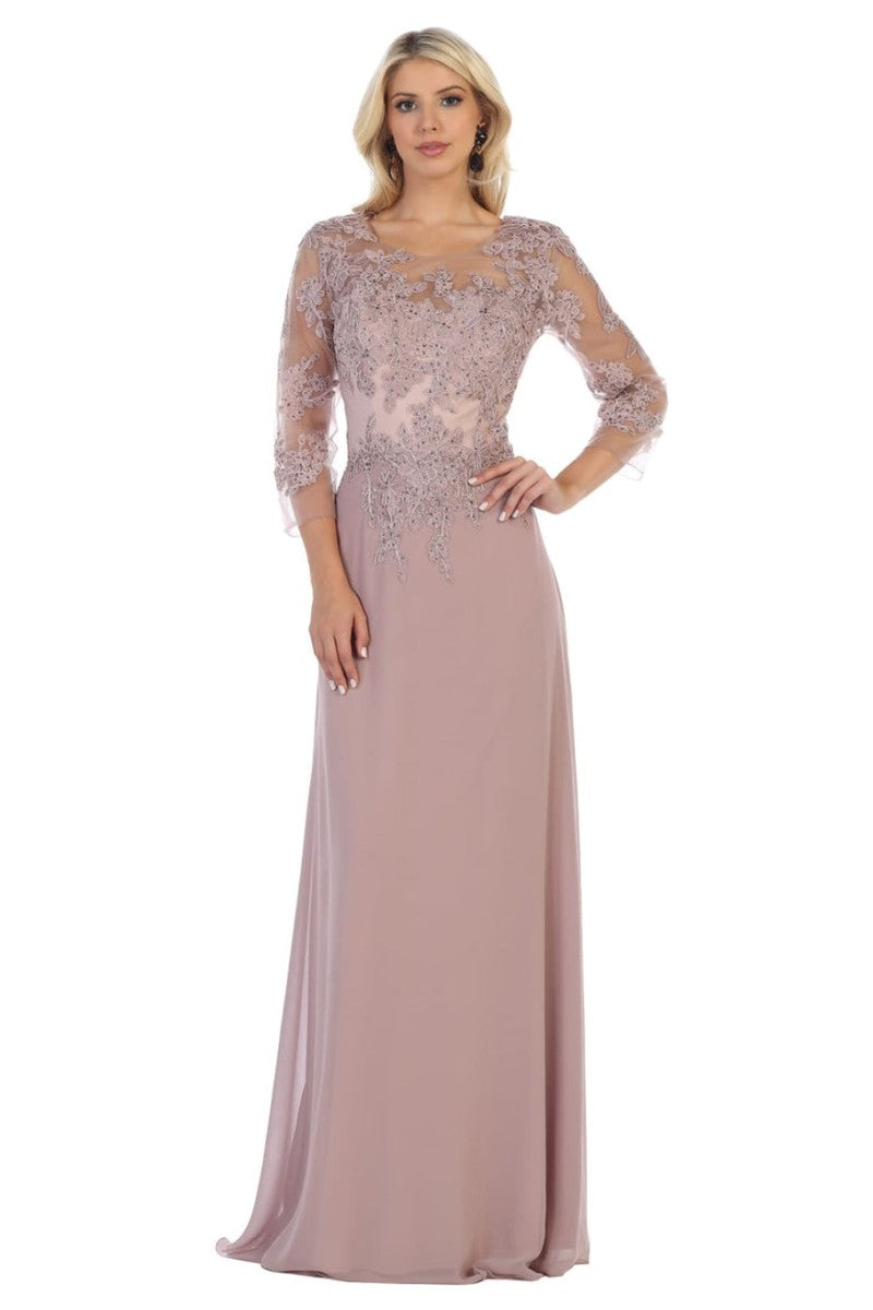 Illusion Quarter Sleeve Appliqued Sheath Gown