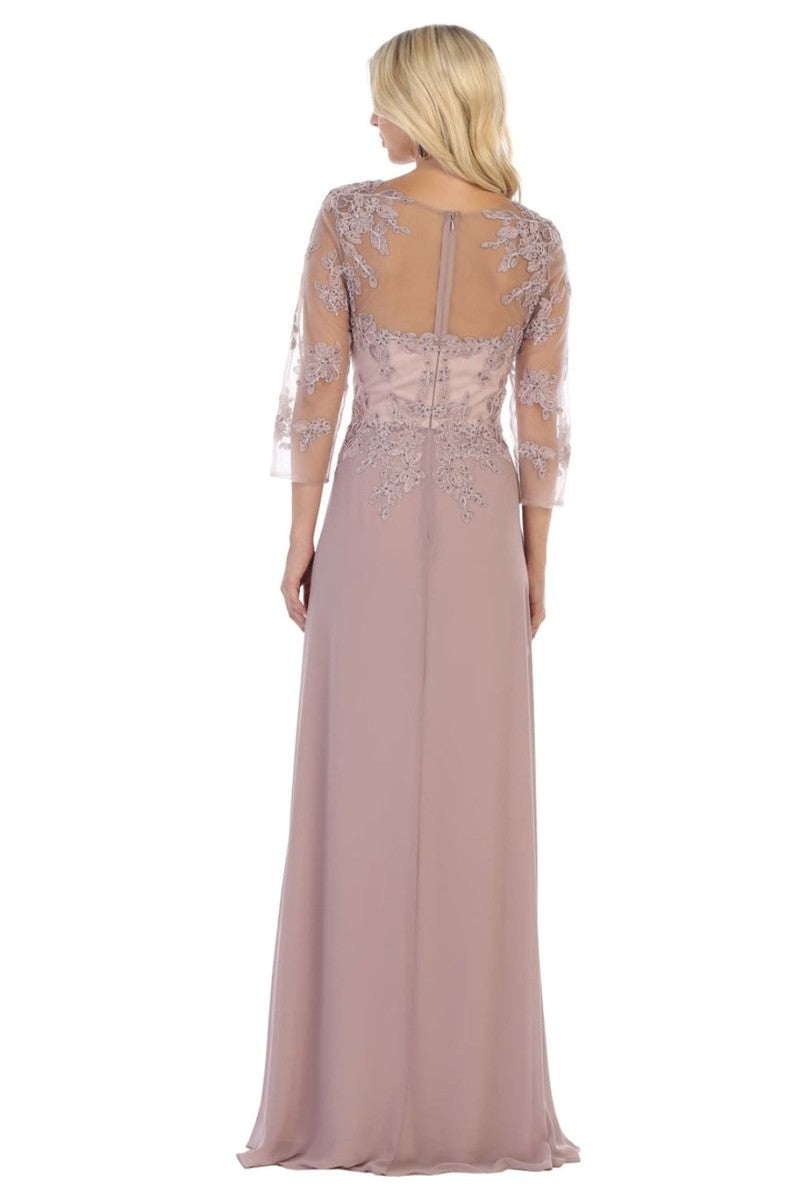 Illusion Quarter Sleeve Appliqued Sheath Gown