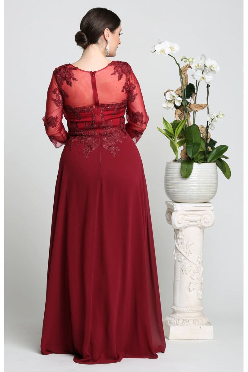 Illusion Quarter Sleeve Appliqued Sheath Gown