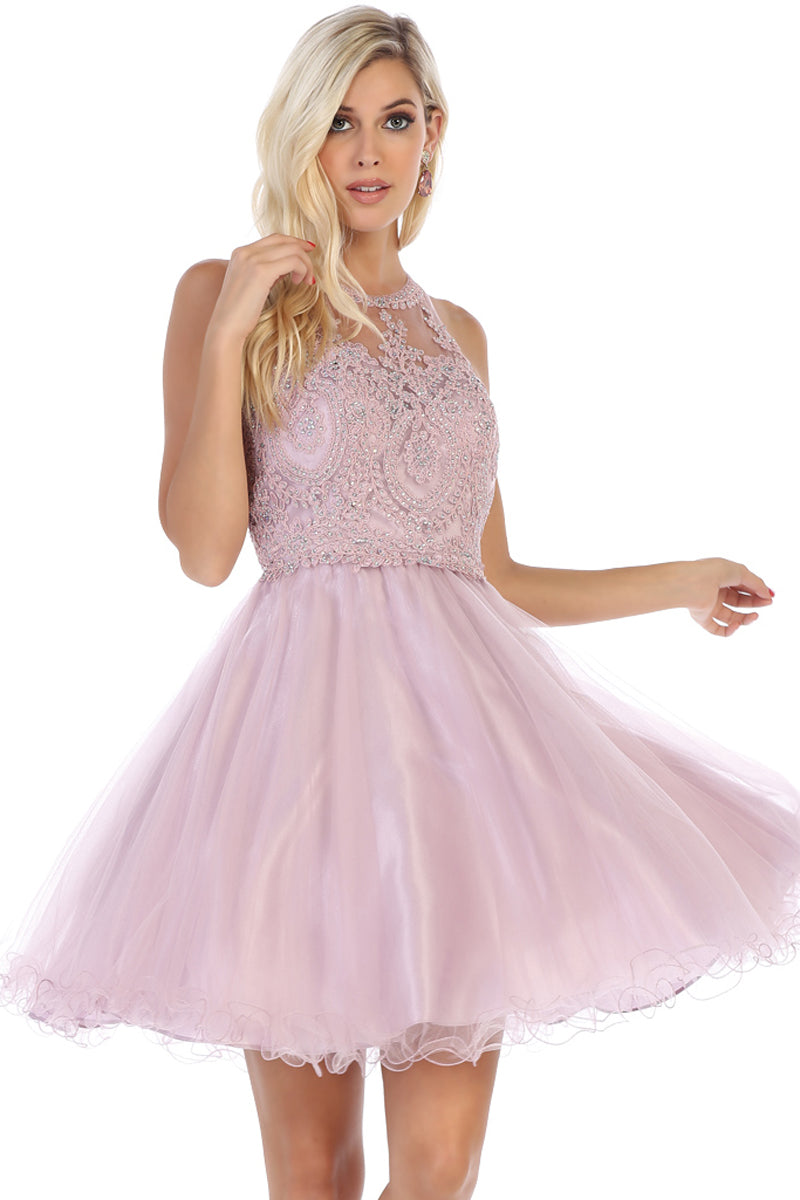 Lace Applique Jewel Neck Sleeveless Cocktail Dress | MQ1643-20