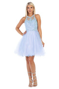 Baby Blue Lace Applique Jewel Neck Sleeveless Cocktail Dress
