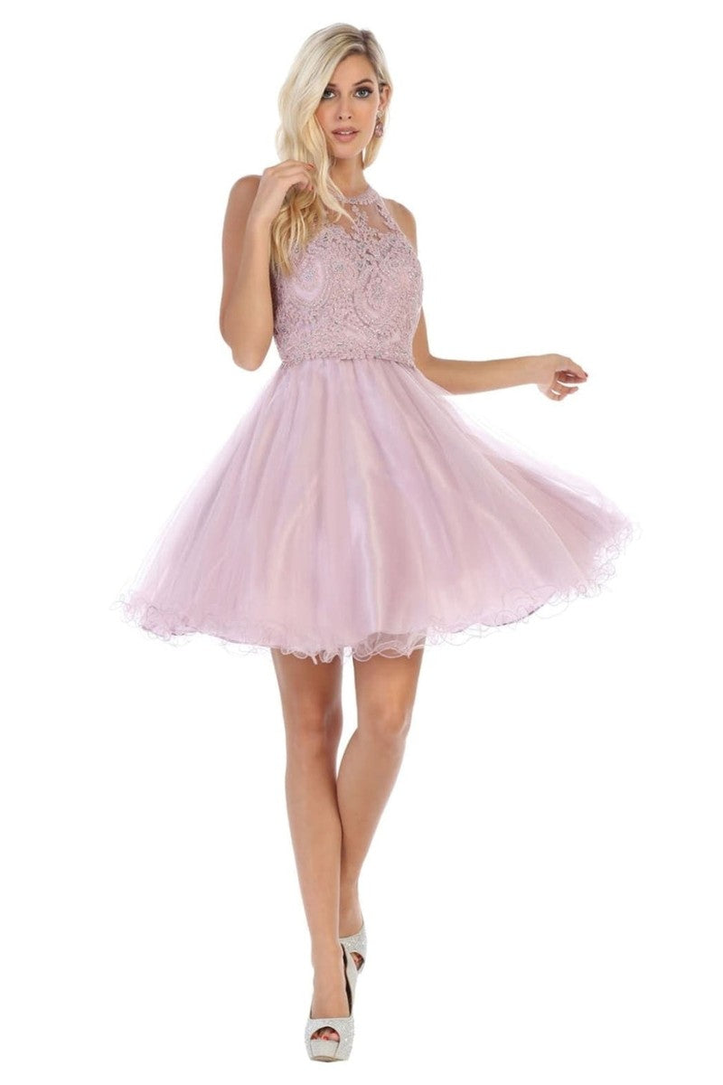 Mauve Lace Applique Jewel Neck Sleeveless Cocktail Dress