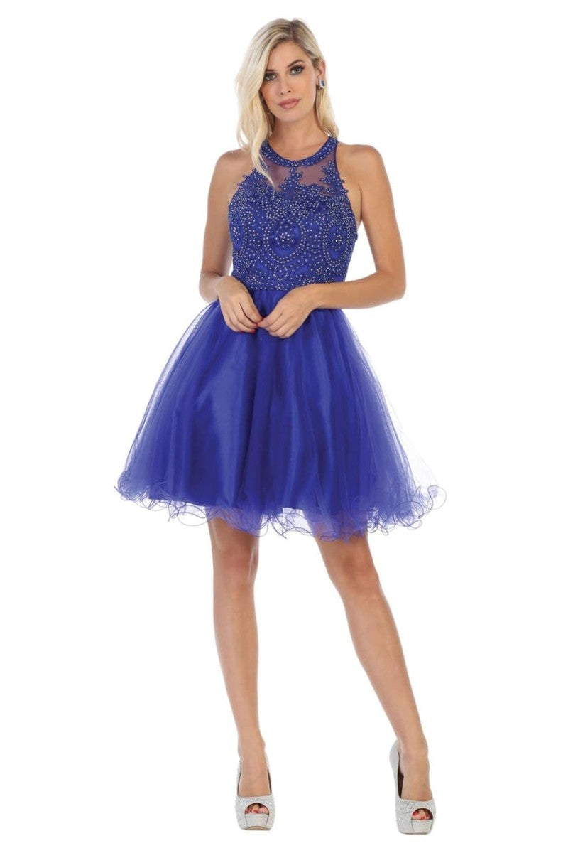 Royal Lace Applique Jewel Neck Sleeveless Cocktail Dress