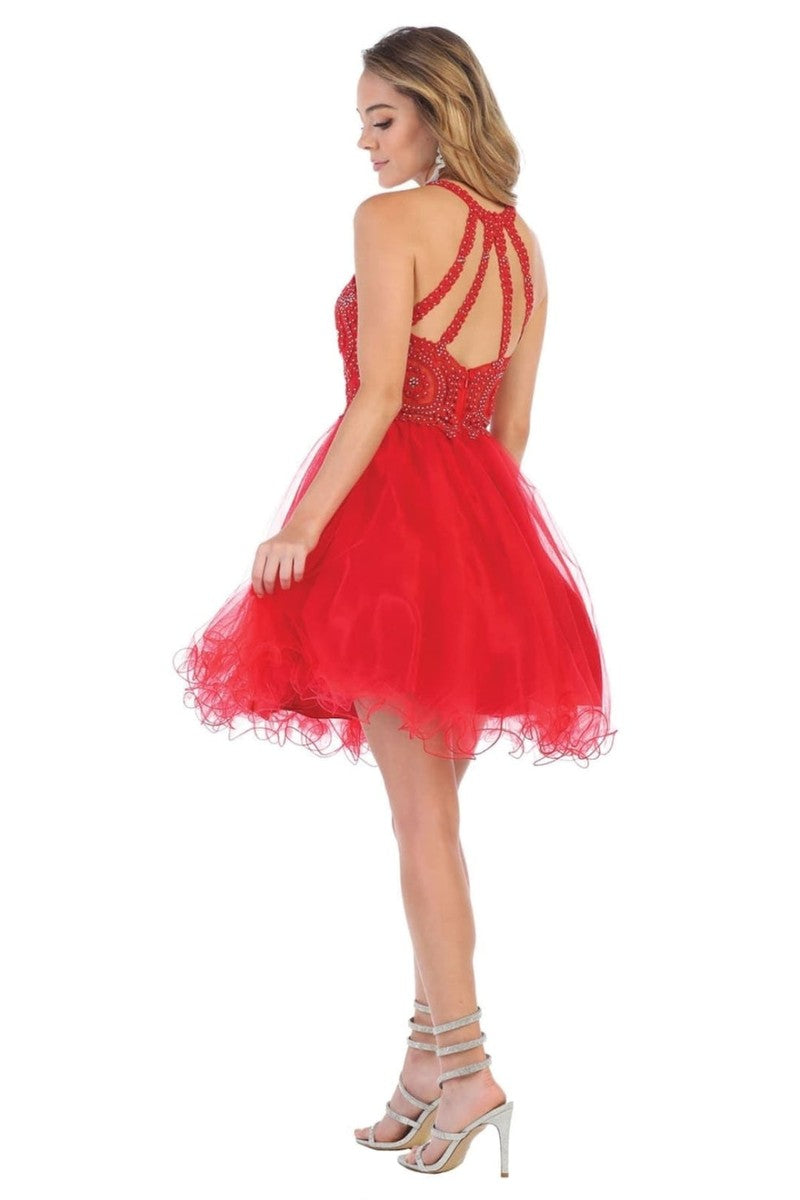 Lace Applique Jewel Neck Sleeveless Cocktail Dress