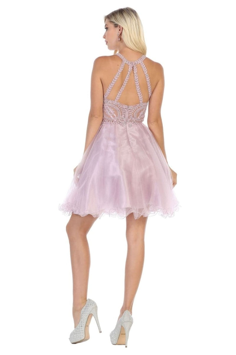 Lace Applique Jewel Neck Sleeveless Cocktail Dress