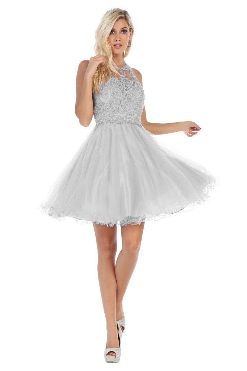 Silver Lace Applique Jewel Neck Sleeveless Cocktail Dress