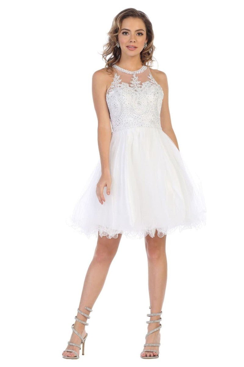 White Lace Applique Jewel Neck Sleeveless Cocktail Dress