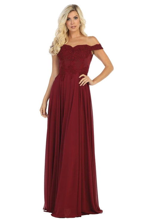 Burgundy Long Evening Gown Embroidered Off Shoulder Gown & Plus Size