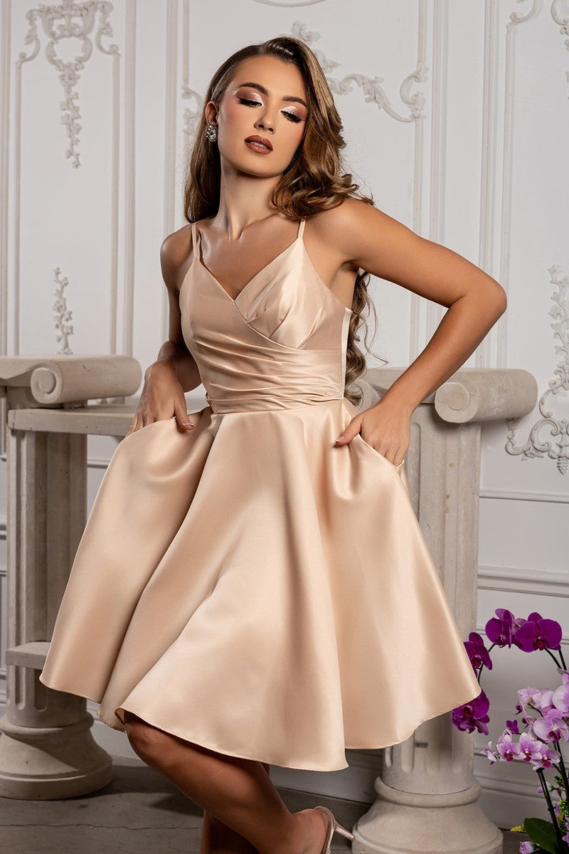 Champagne V-neck Sleeveless Fit And Flare Short Dress