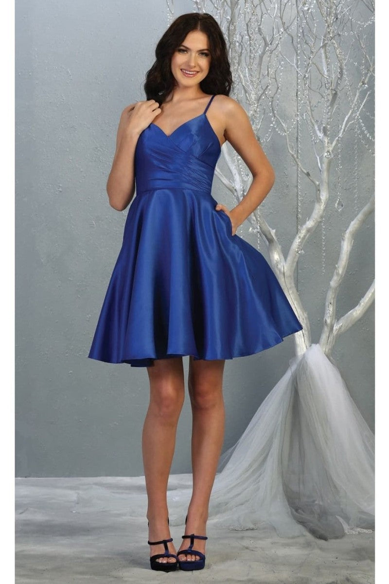Navy V-neck Sleeveless Fit And Flare Short Dress