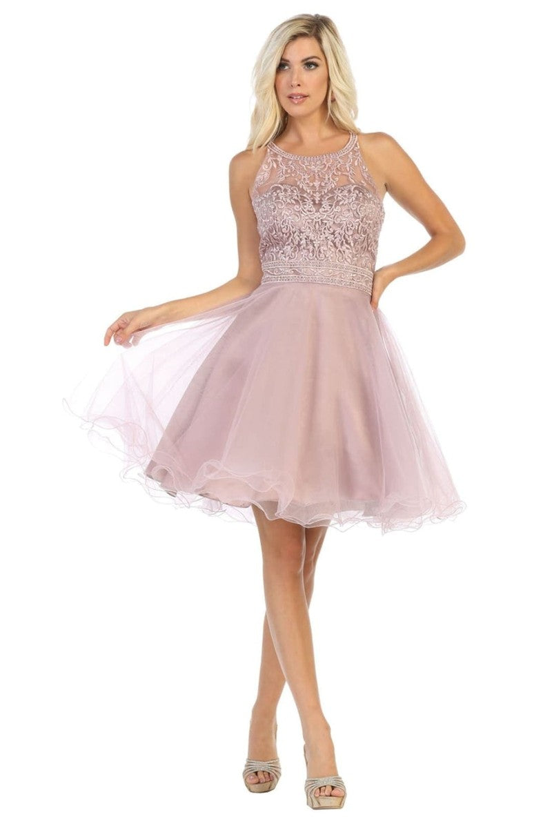 Mauve Lace Applique Illusion Scoop Neck Cocktail Dress