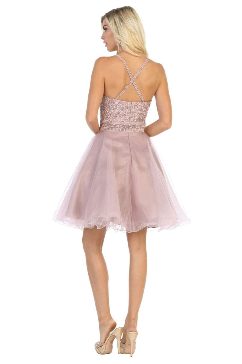 Lace Applique Illusion Scoop Neck Cocktail Dress
