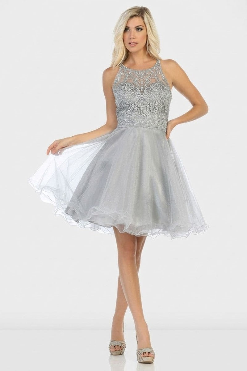Silver Lace Applique Illusion Scoop Neck Cocktail Dress