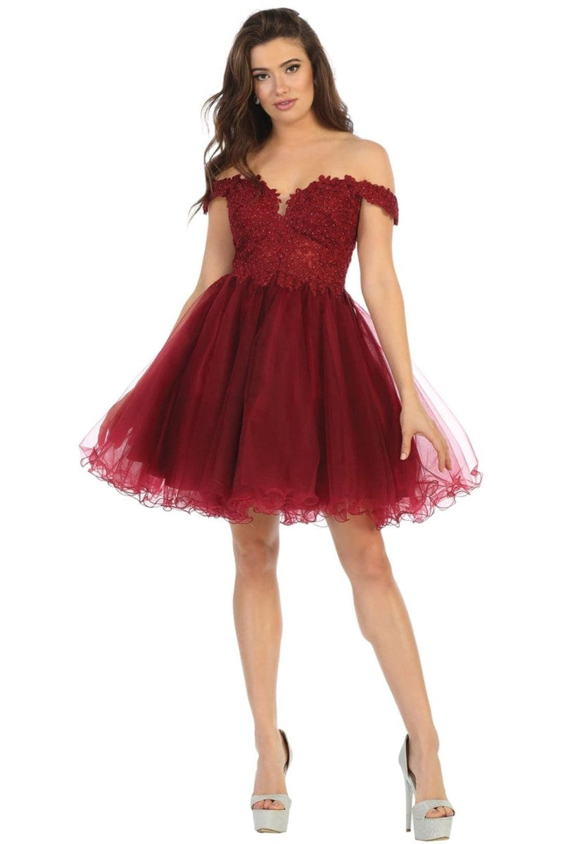 Burgundy Off Shoulder Sheer Lace Bodice Tulle Cocktail Dress
