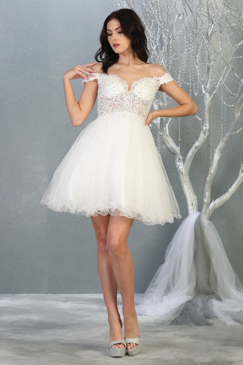 Ivory Off Shoulder Sheer Lace Bodice Tulle Cocktail Dress