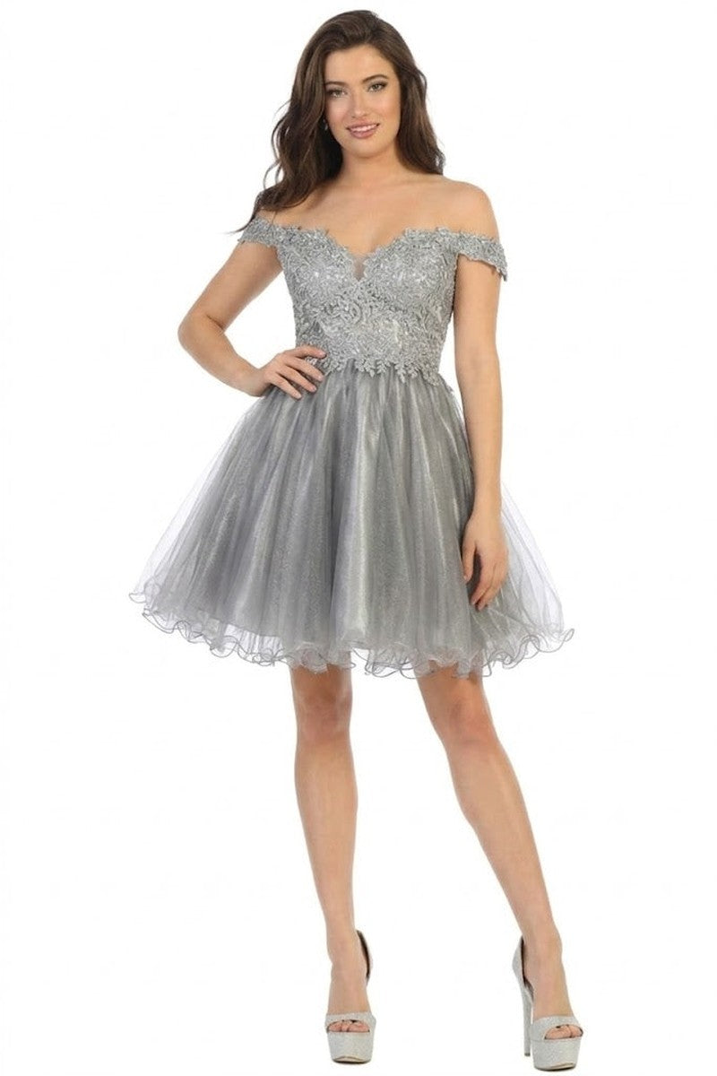 Silver Off Shoulder Sheer Lace Bodice Tulle Cocktail Dress