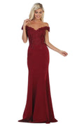 Burgundy Embellished Plunging Off-shoulder Trumpet Dress