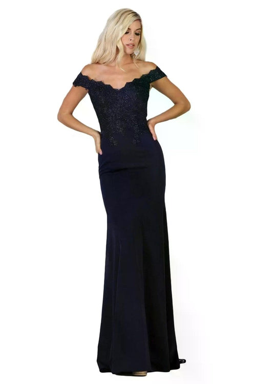 Navy Embellished Plunging Off-shoulder Trumpet Dress