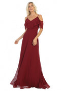 Burgundy Draping Off Shoulder Chiffon Long Dress