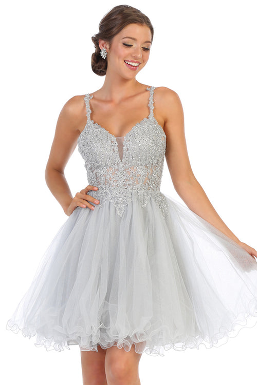 Sparkly Lace Appliqued A-line Tulle Cocktail Dress | MQ1693-20