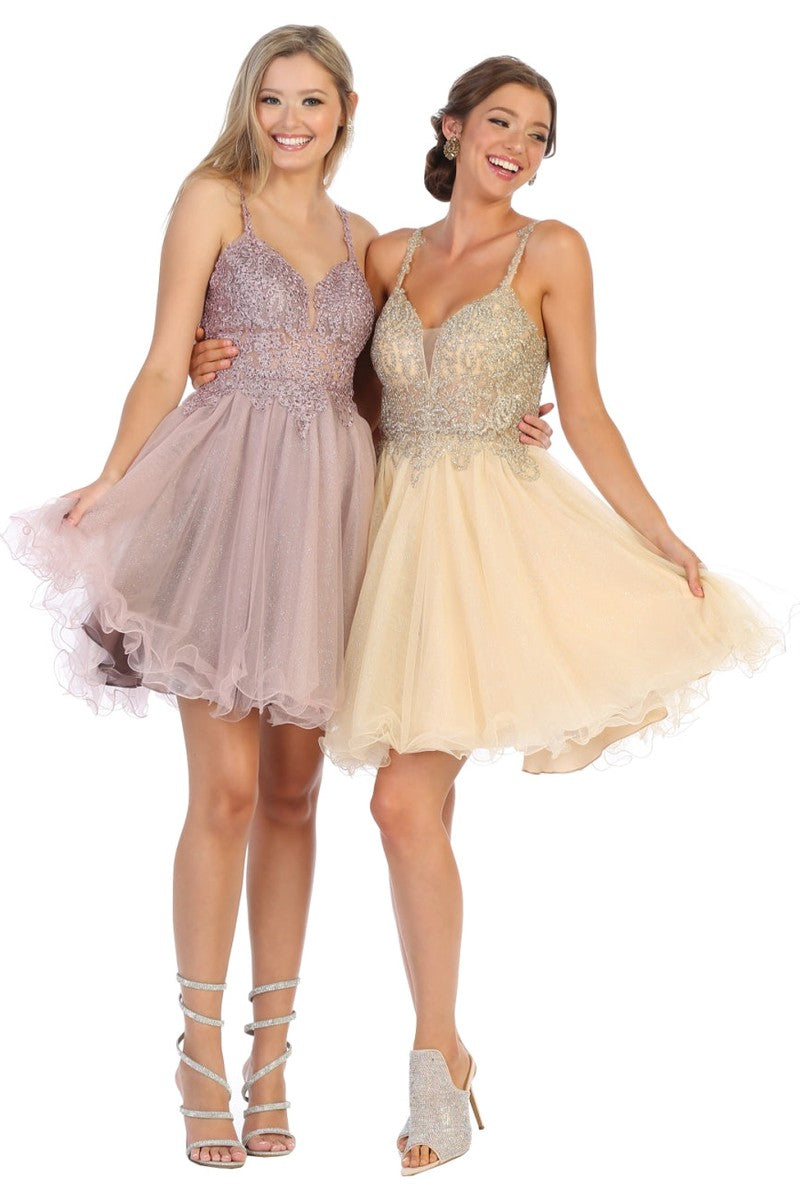 Mauve Sparkly Lace Appliqued A-line Tulle Cocktail Dress
