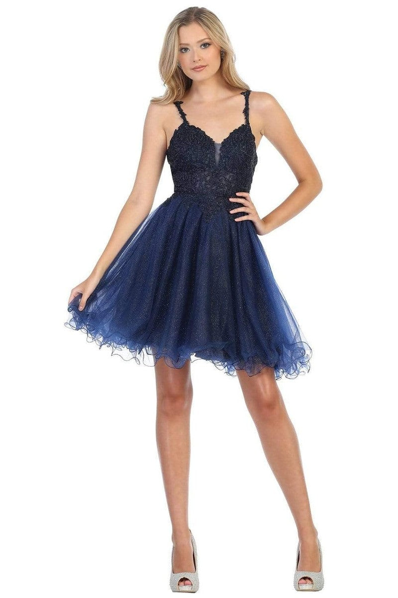 Navy Sparkly Lace Appliqued A-line Tulle Cocktail Dress