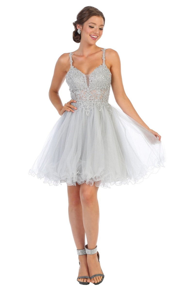Silver Sparkly Lace Appliqued A-line Tulle Cocktail Dress