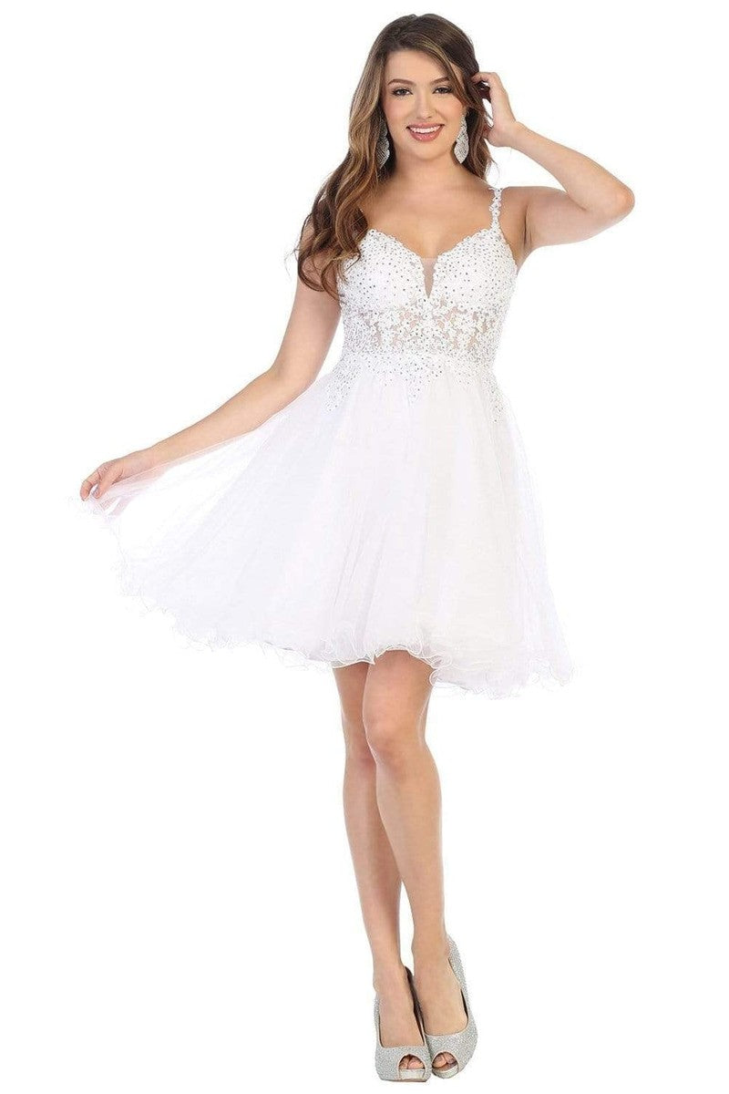White Sparkly Lace Appliqued A-line Tulle Cocktail Dress