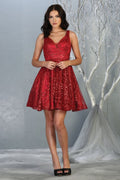 Burgundy Short Deep V-neck Glitter A-line Dress