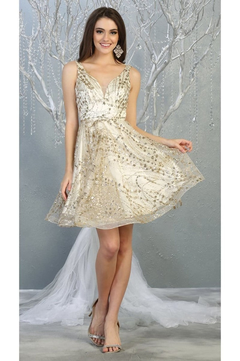 Ivory/Gold Short Deep V-neck Glitter A-line Dress