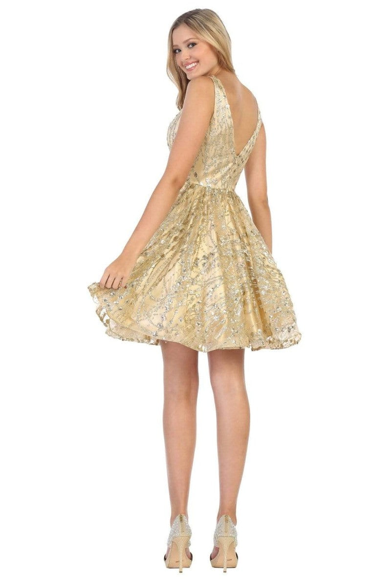 Short Deep V-neck Glitter A-line Dress