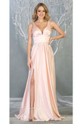 Blush Plunging V-neck Empire High Slit Dress