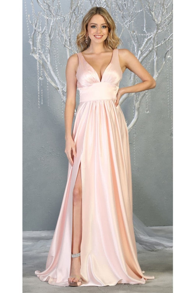 Blush Plunging V-neck Empire High Slit Dress