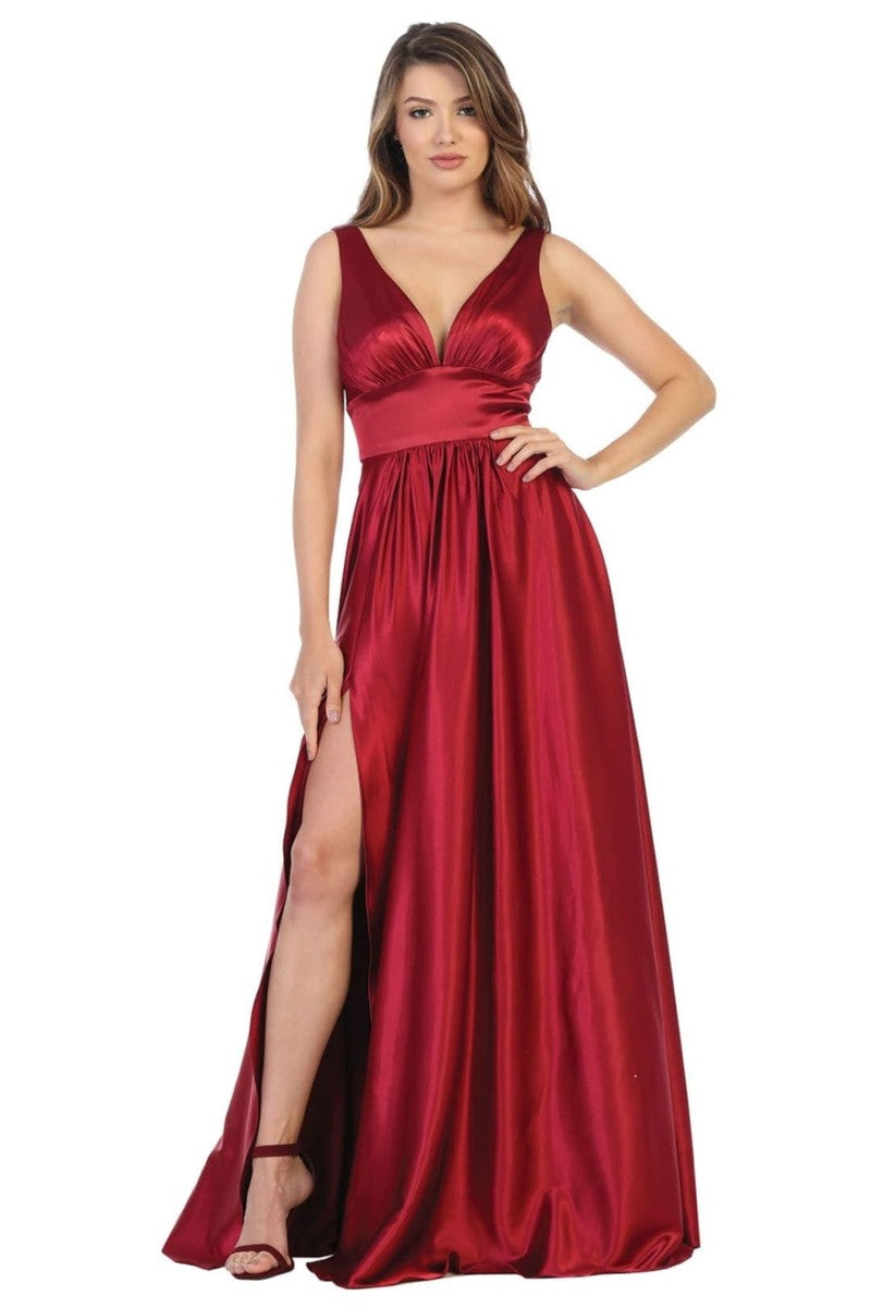 Burgundy Plunging V-neck Empire High Slit Dress