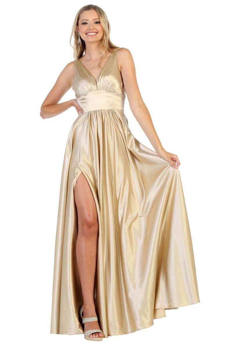 Champagne Plunging V-neck Empire High Slit Dress