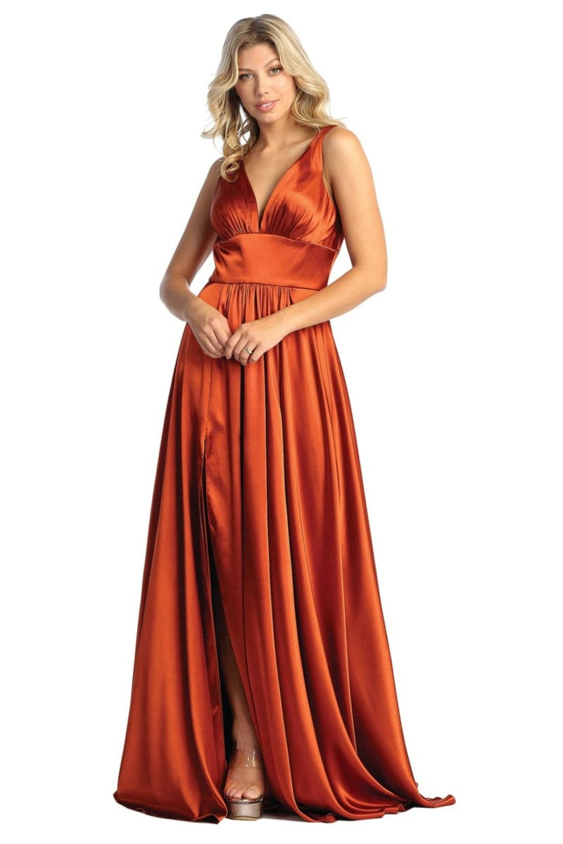 Rust Plunging V-neck Empire High Slit Dress