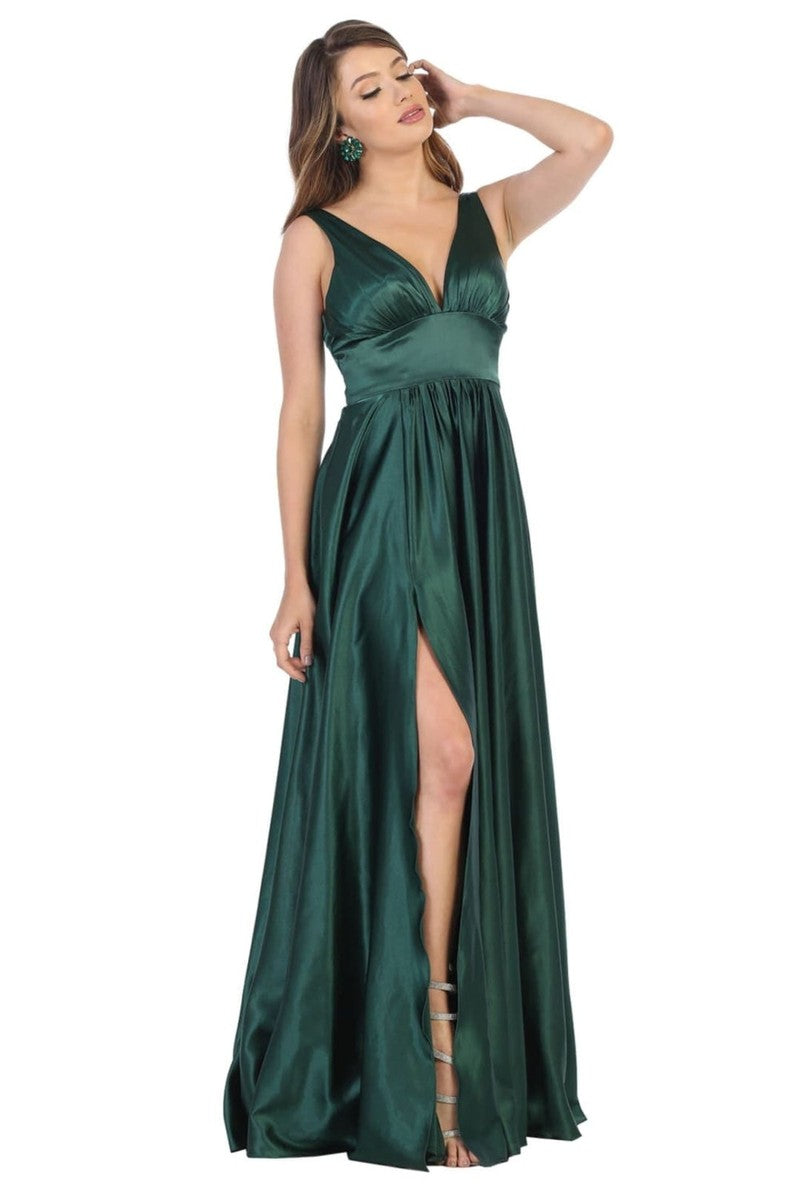 Plunging V-neck Empire High Slit Dress