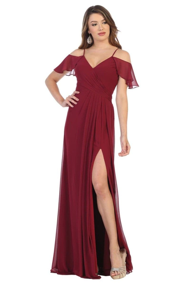 Burgundy Flounced Cold Shoulder Formal Chiffon Dress