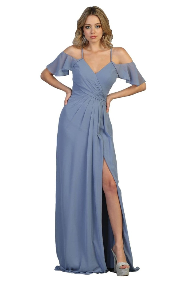 Dusty Blue Flounced Cold Shoulder Formal Chiffon Dress