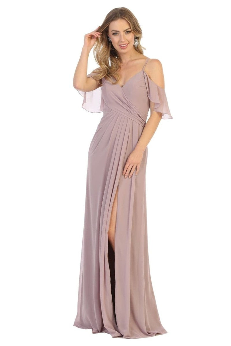 Mauve Flounced Cold Shoulder Formal Chiffon Dress
