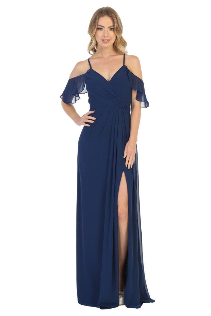 Navy Flounced Cold Shoulder Formal Chiffon Dress