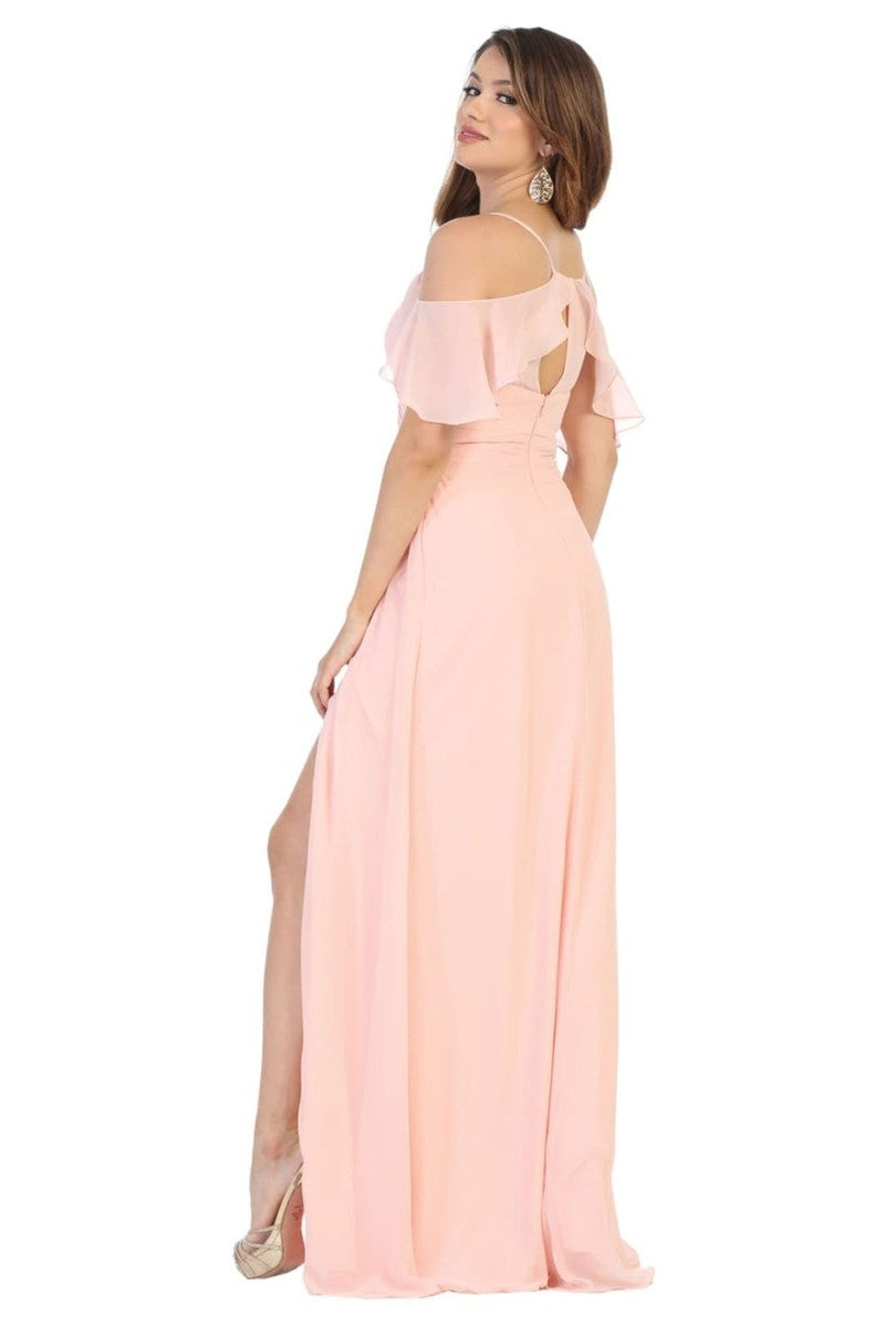 Flounced Cold Shoulder Formal Chiffon Dress