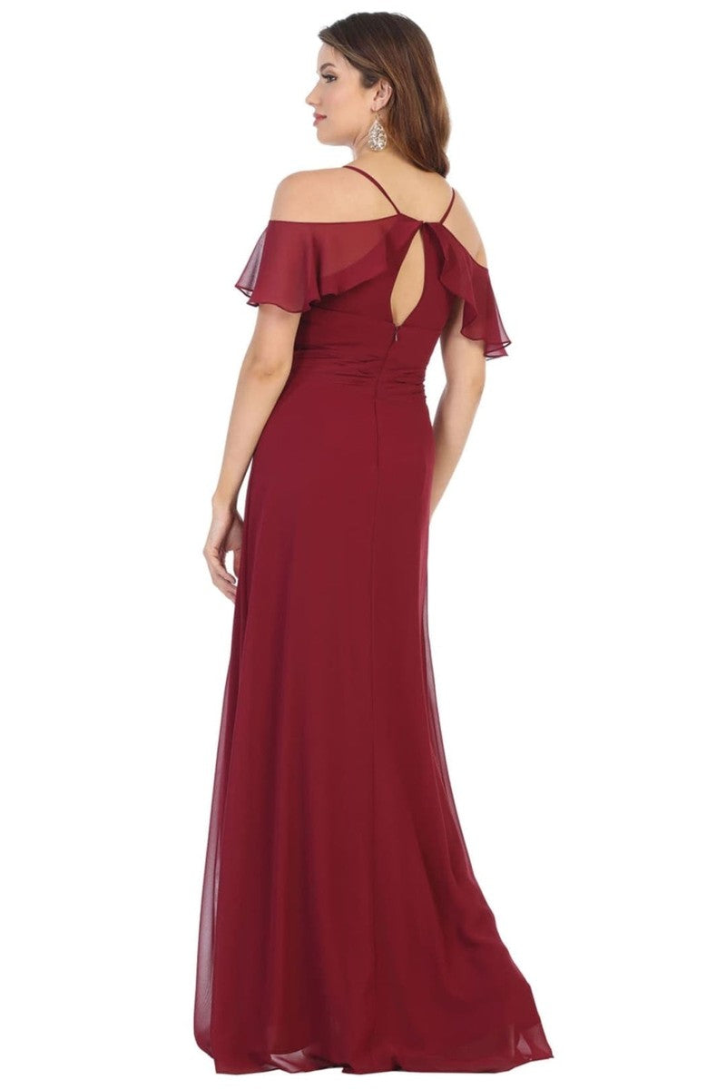 Flounced Cold Shoulder Formal Chiffon Dress