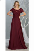 Burgundy Short Sleeve Jeweled Applique A-line Dress