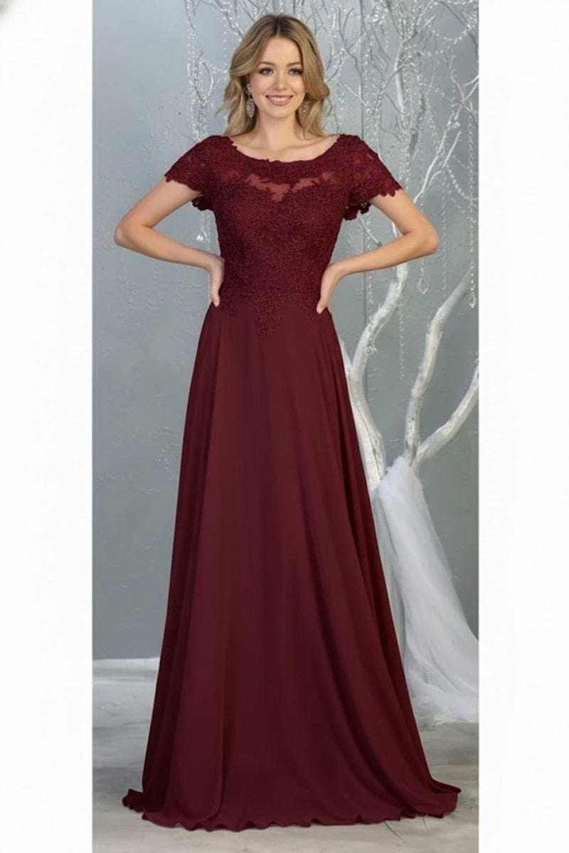 Burgundy Short Sleeve Jeweled Applique A-line Dress