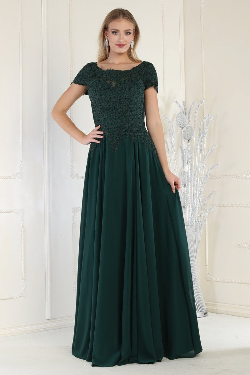 Hunter Green Short Sleeve Jeweled Applique A-line Dress